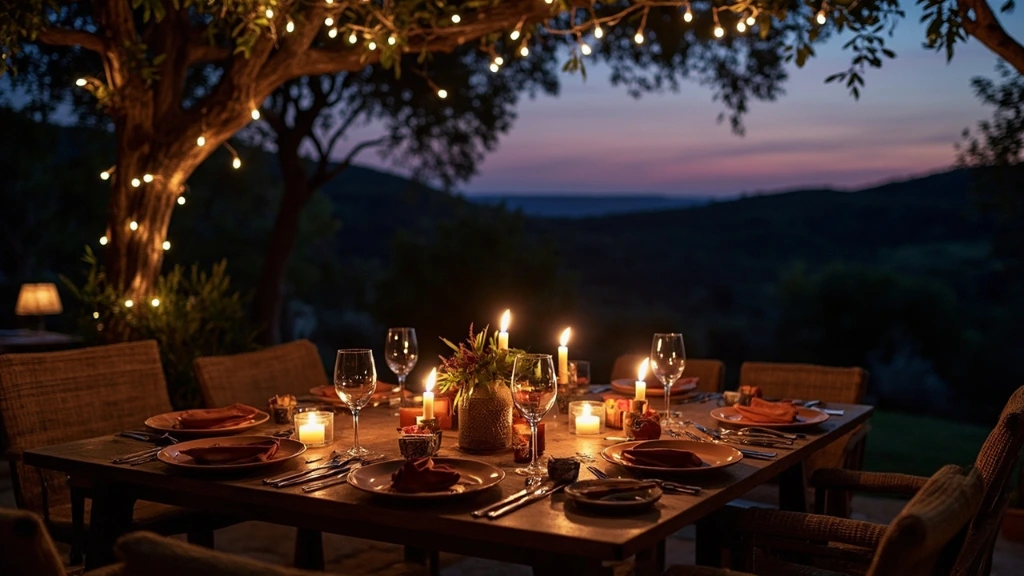 Table d'hôtes dressée dans le jardin à la tombée du soir
