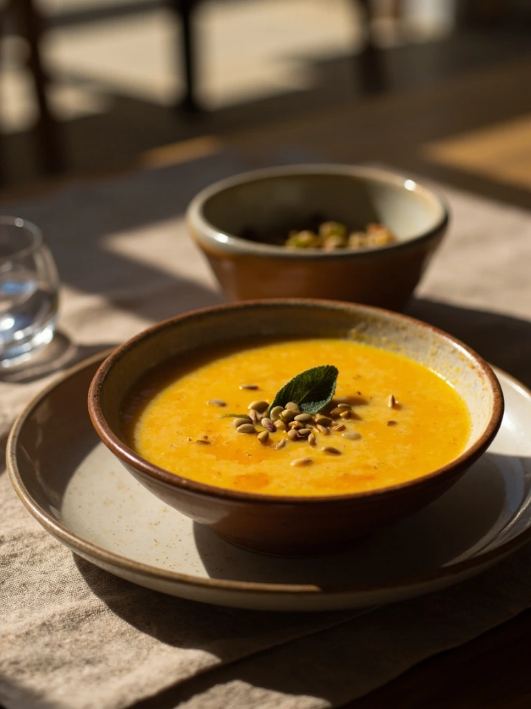Velouté de courge butternut, beurre noisette et graines
