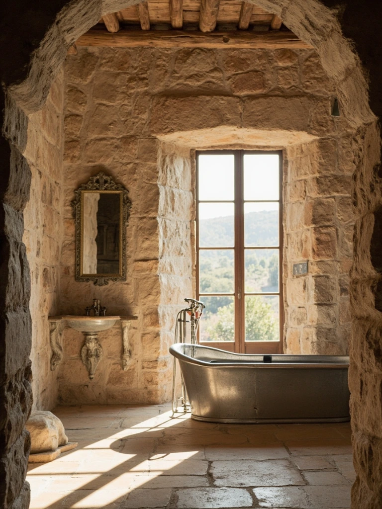 Suite La Pierre, murs de pierre apparente et baignoire